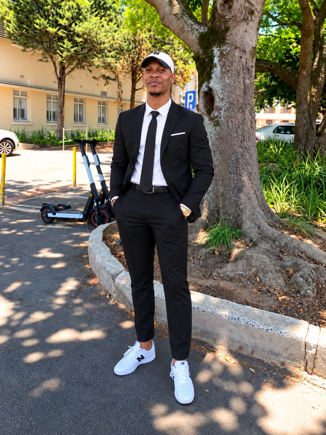 Siyanda Matombela, founder of SM Digital Ventures, outdoors in a black suit, cap and white sneakers